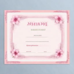 A beautifully designed certificate with a pretty pink theme, featuring elegant and girly elements such as floral patterns, delicate borders, and cursive fonts