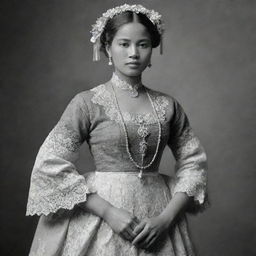 A Filipina woman from the year 1896, poised and dignified, dressed in the traditional national costume of the Philippines.