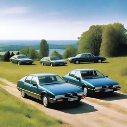 A picturesque image featuring multiple Citroën CX cars in an idyllic Swedish scene