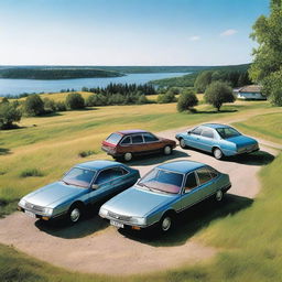 A picturesque image featuring multiple Citroën CX cars in an idyllic Swedish scene