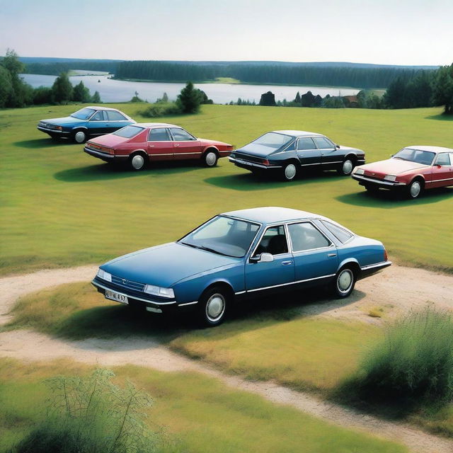 A picturesque image featuring multiple Citroën CX cars in an idyllic Swedish scene