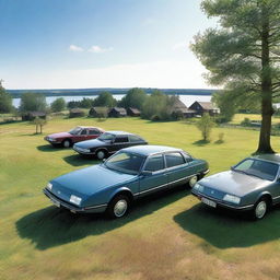 A picturesque image featuring multiple Citroën CX cars in an idyllic Swedish scene