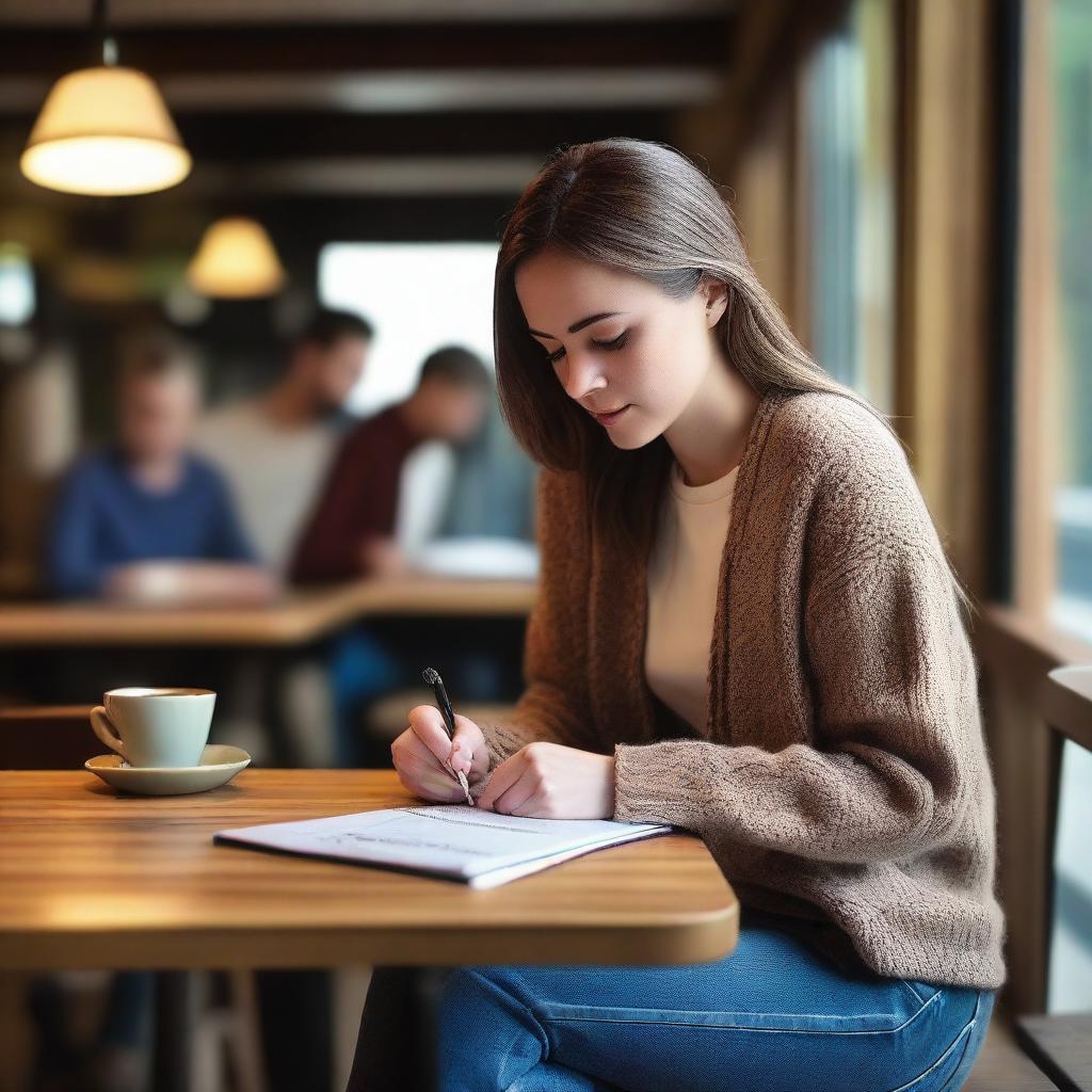 A woman is sitting at a table, writing in her notebook