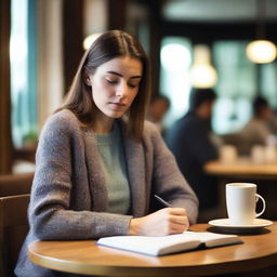 A woman is sitting at a table, writing in her notebook