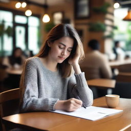 A woman is sitting at a table, writing in her notebook