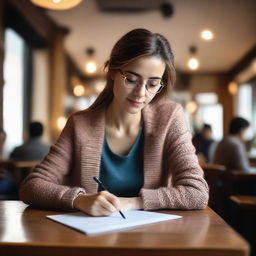 A woman is sitting at a table, writing in her notebook