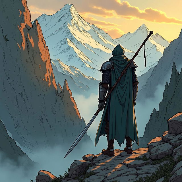 A Dark Souls inspired knight looks off into a mountain scenery with the title 'Donny Deals' in a concept hand-drawn style.