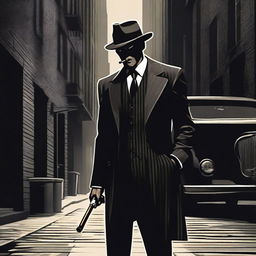 A stylish and intimidating gangster character standing in a dark alleyway, wearing a classic pinstripe suit, fedora hat, and holding a cigar