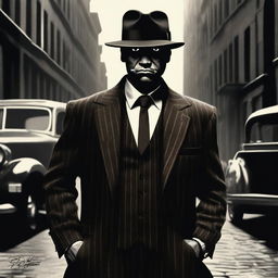 A stylish and intimidating gangster character standing in a dark alleyway, wearing a classic pinstripe suit, fedora hat, and holding a cigar