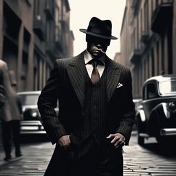 A stylish and intimidating gangster character standing in a dark alleyway, wearing a classic pinstripe suit, fedora hat, and holding a cigar