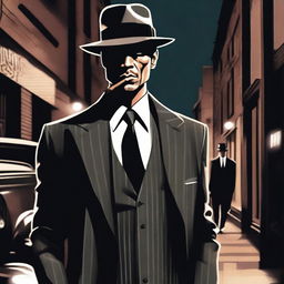 A stylish and intimidating gangster character standing in a dark alleyway, wearing a classic pinstripe suit, fedora hat, and holding a cigar