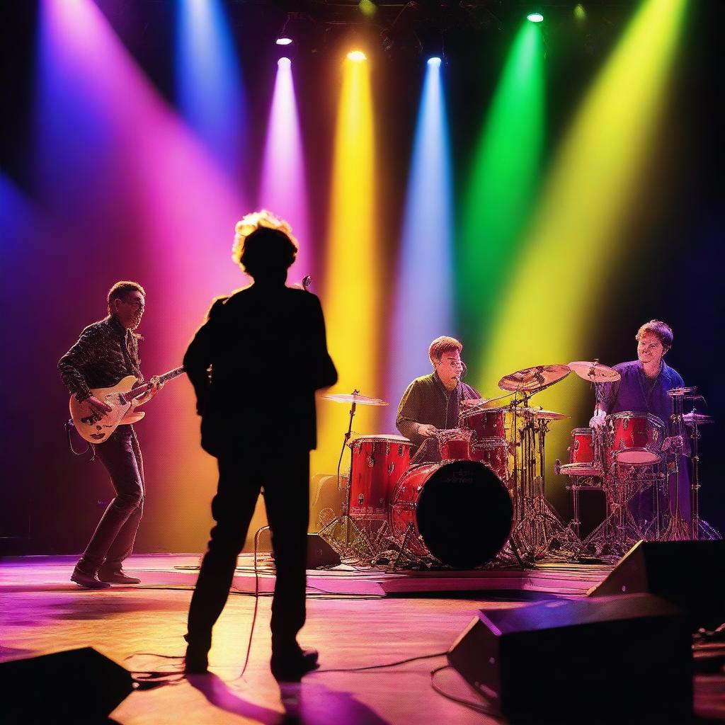 A high-resolution photo of a musical performance on stage, featuring musicians playing instruments like guitars, drums, and keyboards