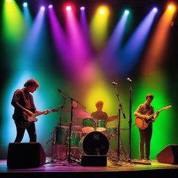 A high-resolution photo of a musical performance on stage, featuring musicians playing instruments like guitars, drums, and keyboards