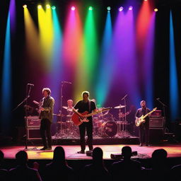 A high-resolution photo of a musical performance on stage, featuring musicians playing instruments like guitars, drums, and keyboards