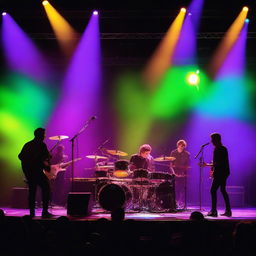 A high-resolution photo of a musical performance on stage, featuring musicians playing instruments like guitars, drums, and keyboards