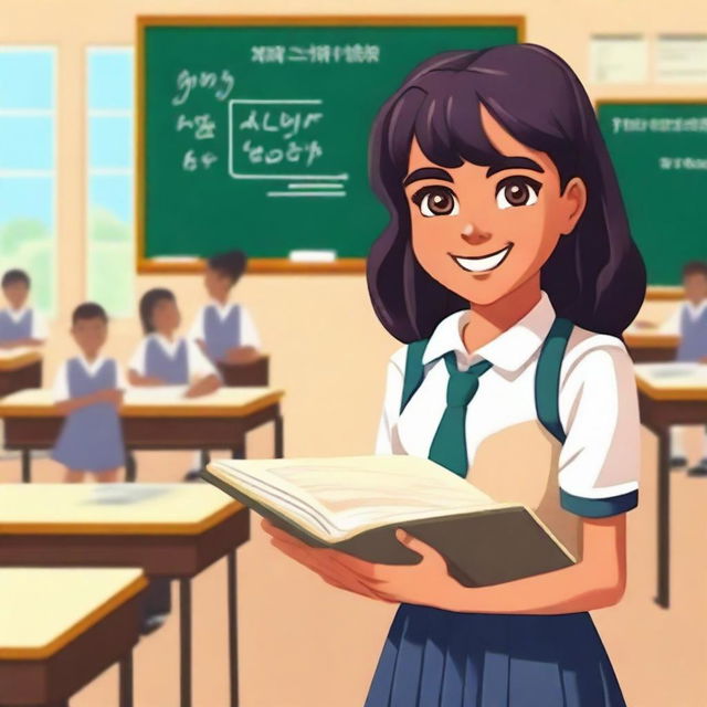 A young schoolgirl wearing a traditional school uniform, standing in a classroom