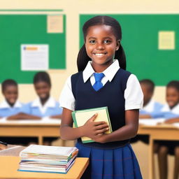 A young schoolgirl wearing a traditional school uniform, standing in a classroom