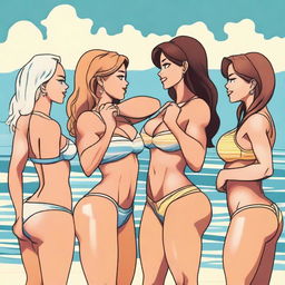 A group of muscled women on the beach, all wearing bikinis