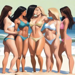 A group of muscled women on the beach, all wearing bikinis