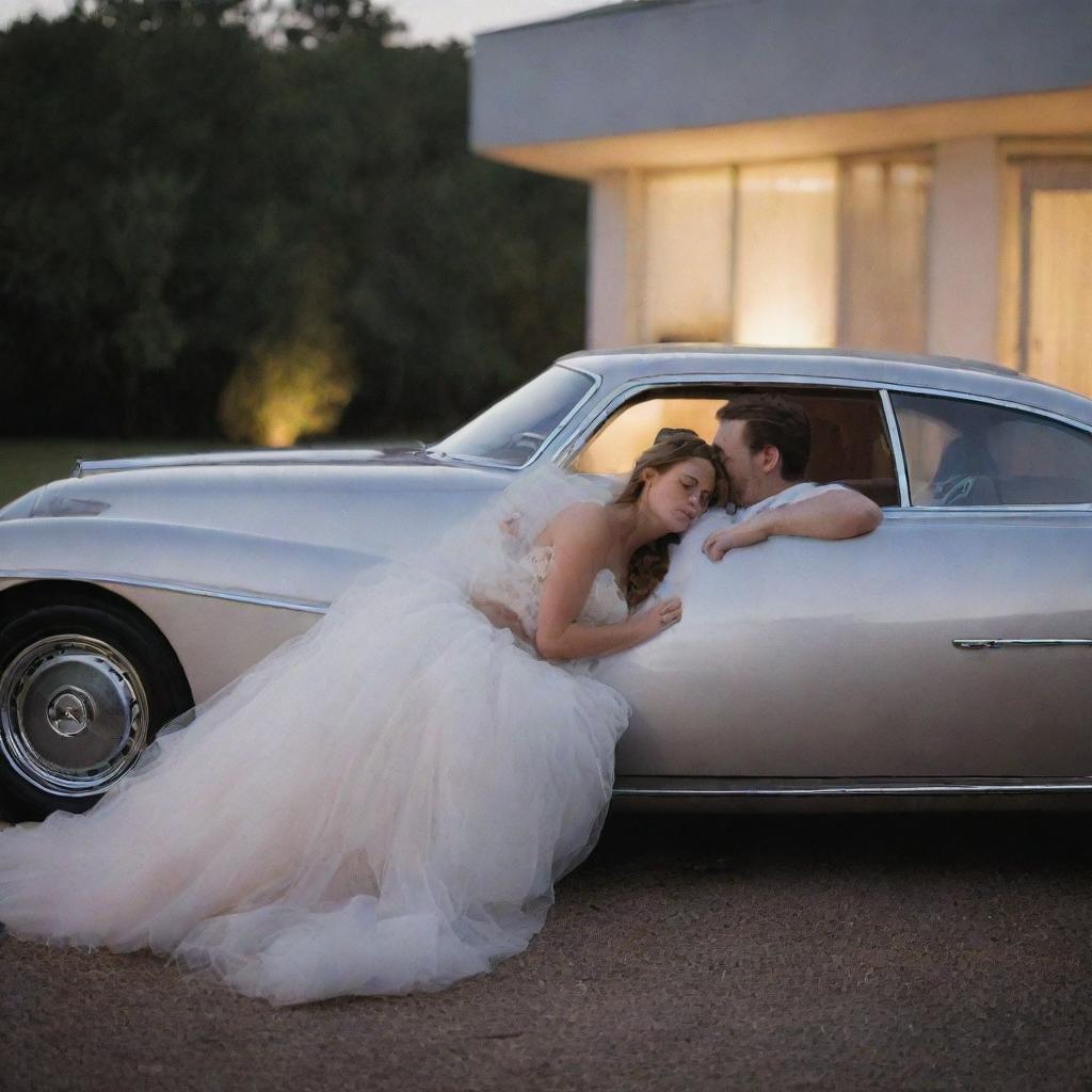 A loving couple, husband and wife, asleep together, as a dreamy Mercedes-Benz softly glows in the background.