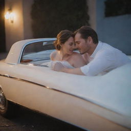 A loving couple, husband and wife, asleep together, as a dreamy Mercedes-Benz softly glows in the background.