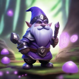 A deep gnome with purple skin wearing full plate armor that is too big for him