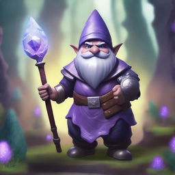 A deep gnome with purple skin wearing full plate armor that is too big for him