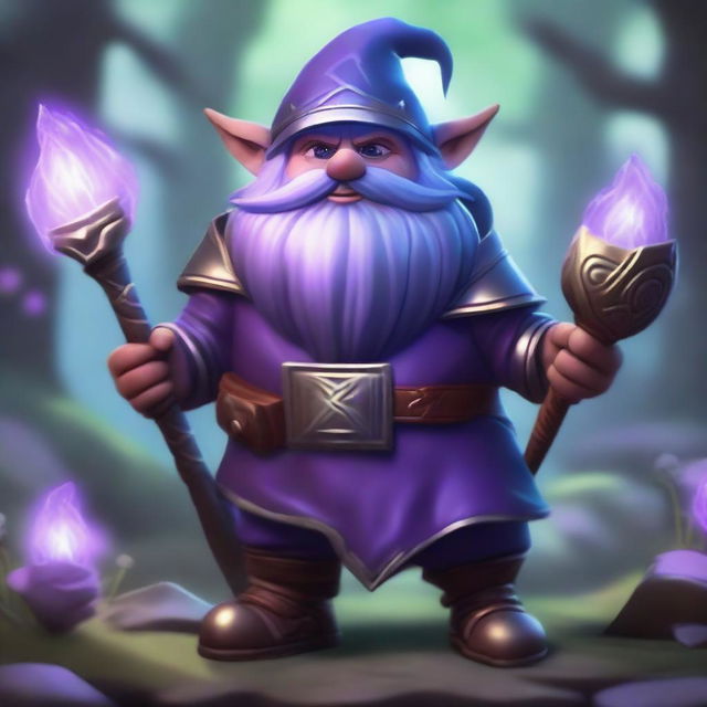 A deep gnome with purple skin wearing full plate armor that is too big for him