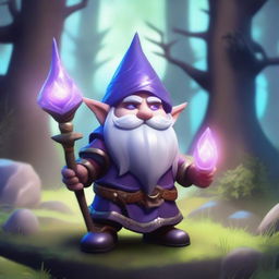 A deep gnome with purple skin wearing full plate armor that is too big for him