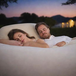 A loving couple, husband and wife, asleep together, as a dreamy Mercedes-Benz softly glows in the background.