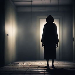 Create a creepy animation featuring an eerie, dark atmosphere with unsettling elements such as shadowy figures, flickering lights, and haunting visuals