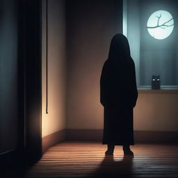 Create a creepy animation featuring an eerie, dark atmosphere with unsettling elements such as shadowy figures, flickering lights, and haunting visuals