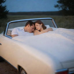 A loving couple, husband and wife, asleep together, as a dreamy Mercedes-Benz softly glows in the background.