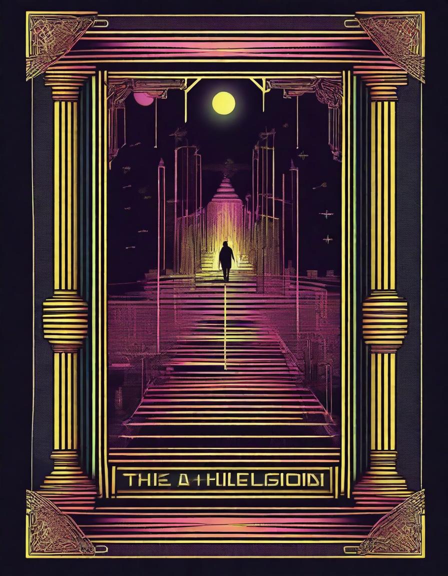 Create a poster for 'The Illusion,' featuring camp, playful and theatrical elements, a tarot card style border, and neo-noir neon/urban lighting