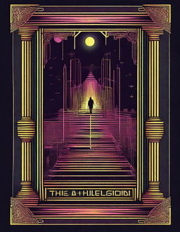 Create a poster for 'The Illusion,' featuring camp, playful and theatrical elements, a tarot card style border, and neo-noir neon/urban lighting