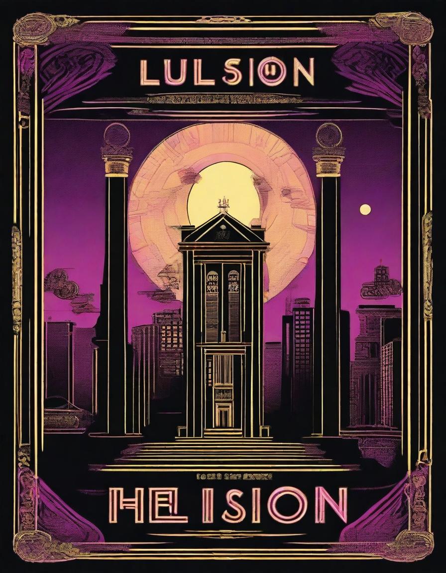 Create a poster for 'The Illusion,' featuring camp, playful and theatrical elements, a tarot card style border, and neo-noir neon/urban lighting