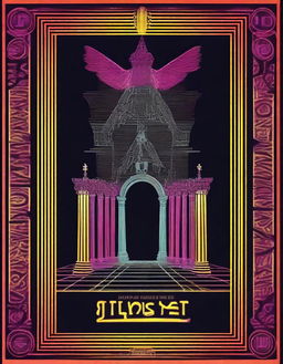 Create a poster for 'The Illusion,' featuring camp, playful and theatrical elements, a tarot card style border, and neo-noir neon/urban lighting