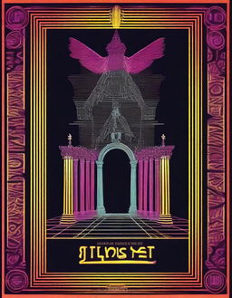 Create a poster for 'The Illusion,' featuring camp, playful and theatrical elements, a tarot card style border, and neo-noir neon/urban lighting