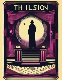 Create a poster for 'The Illusion,' featuring camp, playful and theatrical elements, a tarot card style border, and neo-noir neon/urban lighting