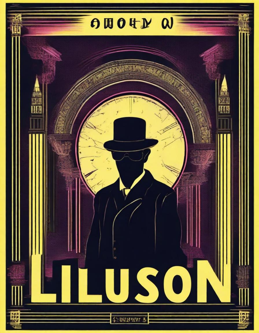 Create a poster for 'The Illusion,' featuring camp, playful and theatrical elements, a tarot card style border, and neo-noir neon/urban lighting