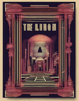 Create a poster for 'The Illusion,' featuring camp, playful and theatrical elements, a tarot card style border, and neo-noir neon/urban lighting