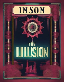 Create a poster for 'The Illusion,' featuring camp, playful and theatrical elements, a tarot card style border, and neo-noir neon/urban lighting