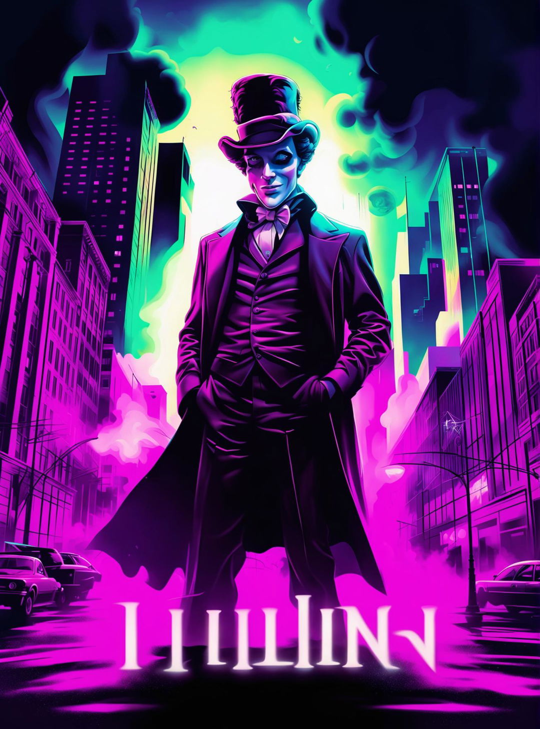 Create a dynamic poster for 'The Illusion' in a neo-noir style with neon/urban side lighting, featuring camp playful elements and a theatrical quality