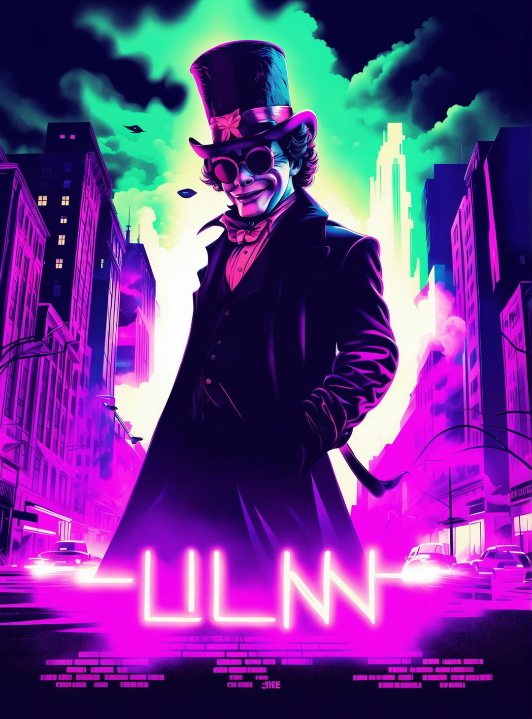 Create a dynamic poster for 'The Illusion' in a neo-noir style with neon/urban side lighting, featuring camp playful elements but maintaining a contemporary feel