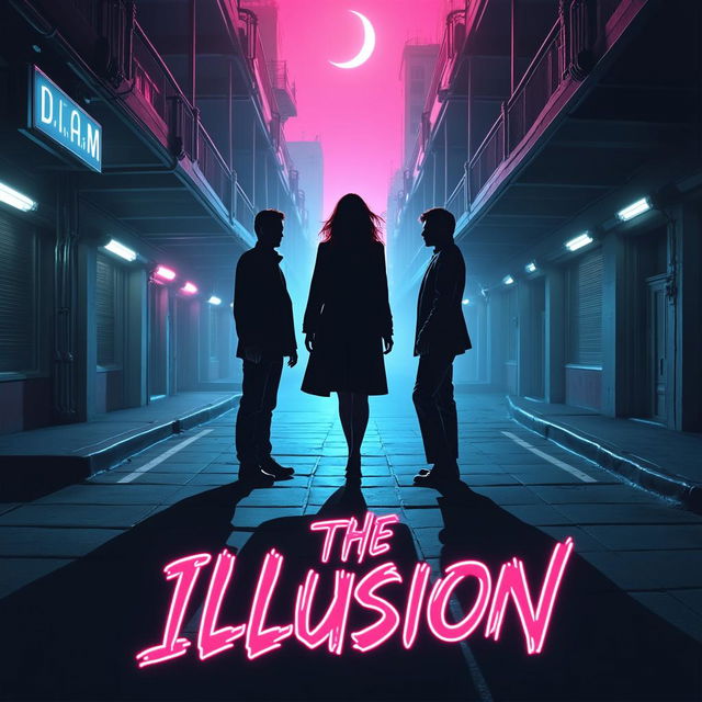 Create a dynamic neo-noir poster for 'The Illusion' featuring three main character silhouettes in a futuristic urban setting with neon side lighting