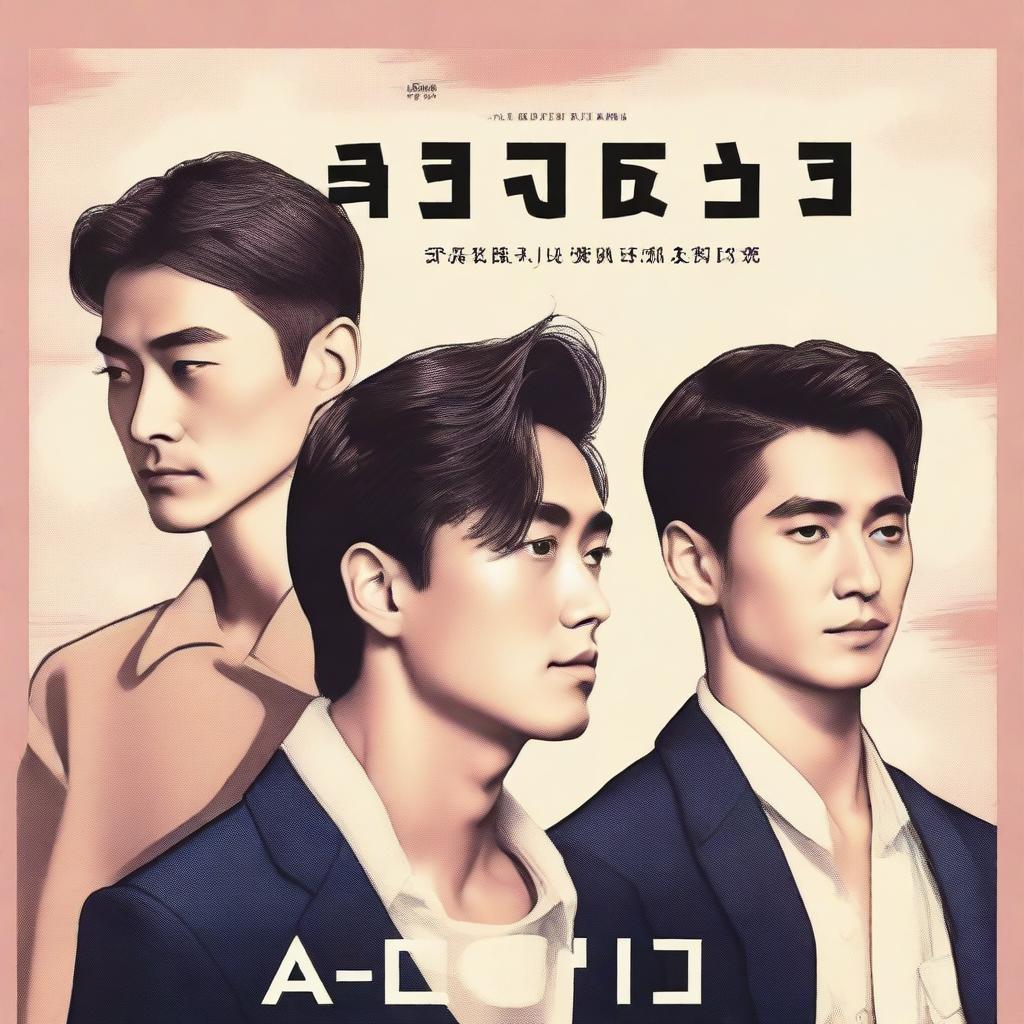 Create a romantic movie poster titled 'Alen Moves to Kosugimachi' featuring three gay men