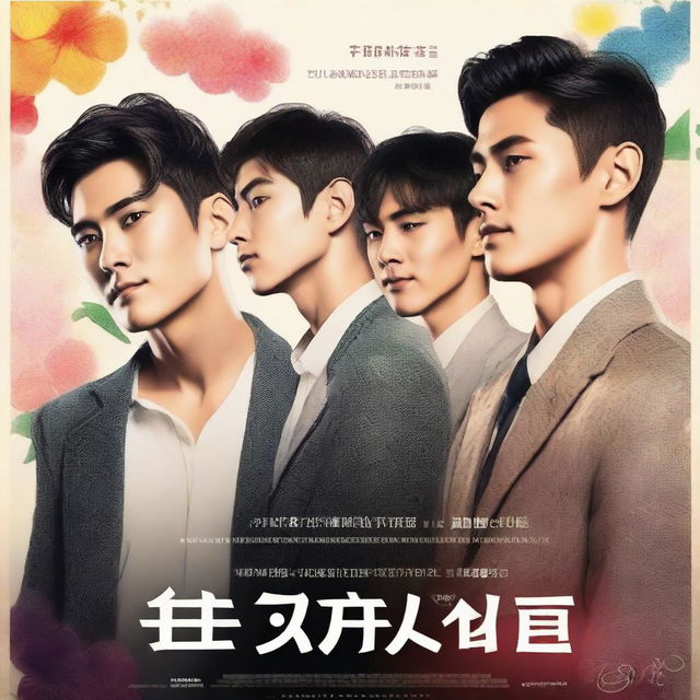 Create a romantic movie poster titled 'Alen Moves to Kosugimachi' featuring three gay men