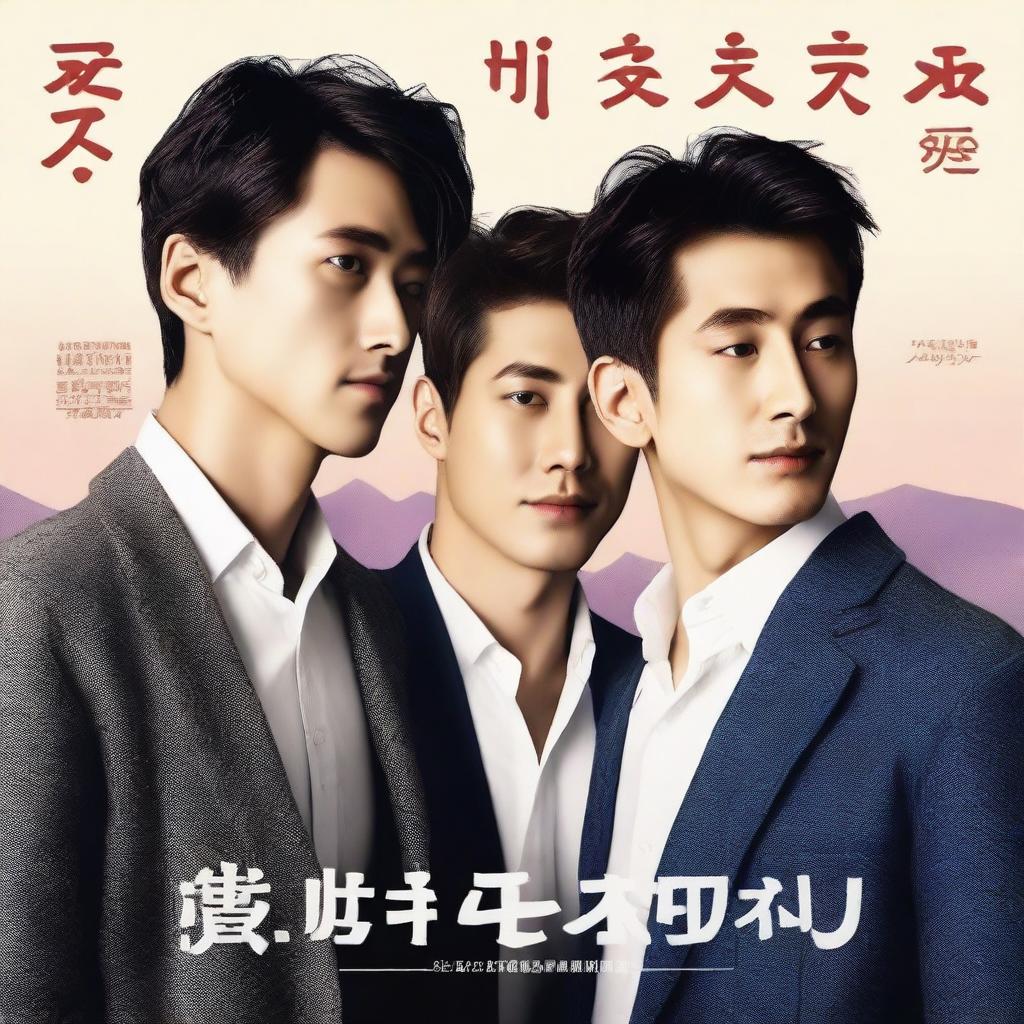 Create a romantic movie poster titled 'Alen Moves to Kosugimachi' featuring three gay men