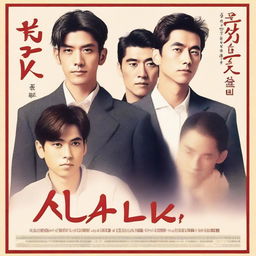 Create a romantic movie poster titled 'Alen Moves to Kosugimachi' featuring three gay men