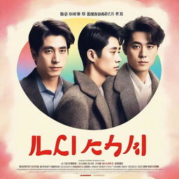 Create a romantic movie poster titled 'Alen Moves to Kosugimachi' featuring three gay men